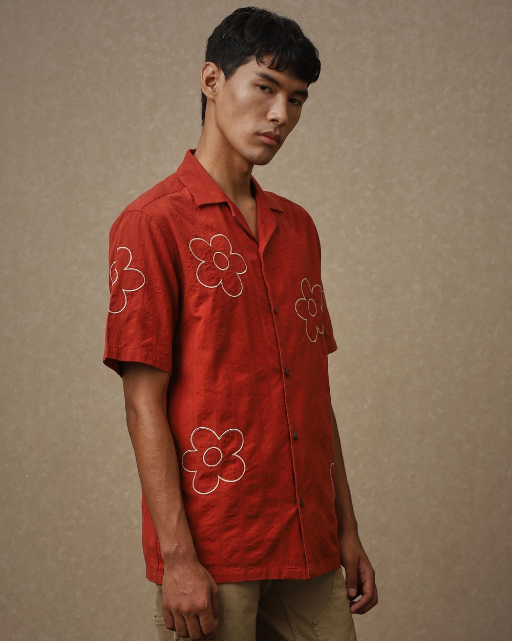 Rust Embroidered Plain Loose Fit Casual Shirt