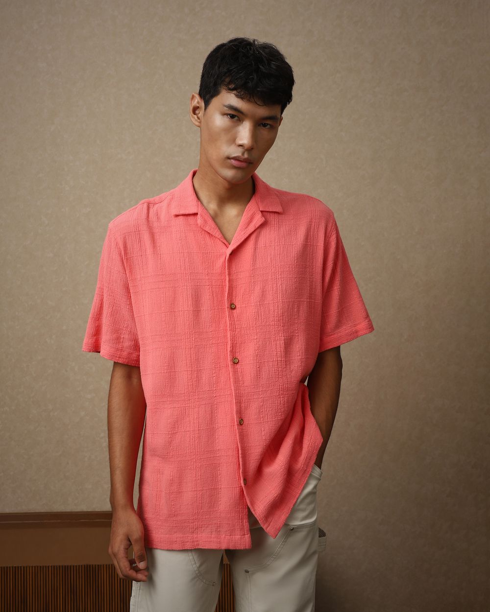 Red Textured Dobby Loose Fit Casual Shirt