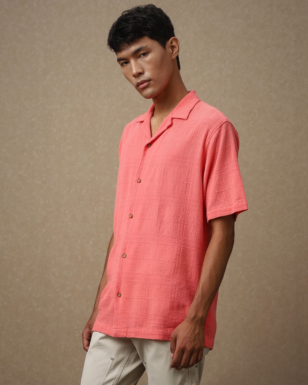 Red Textured Dobby Loose Fit Casual Shirt