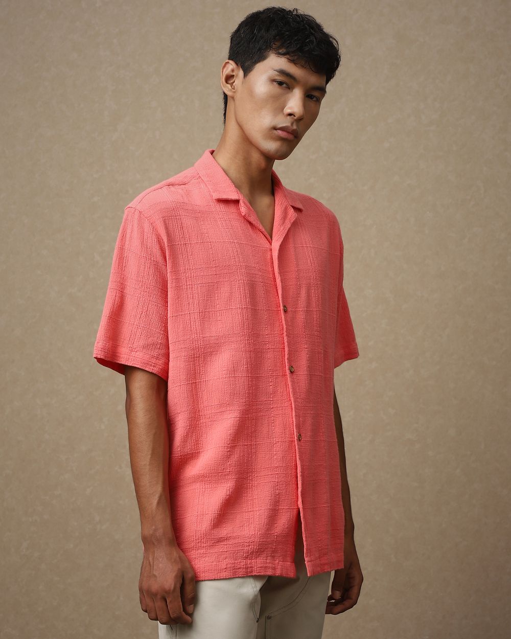Red Textured Dobby Loose Fit Casual Shirt