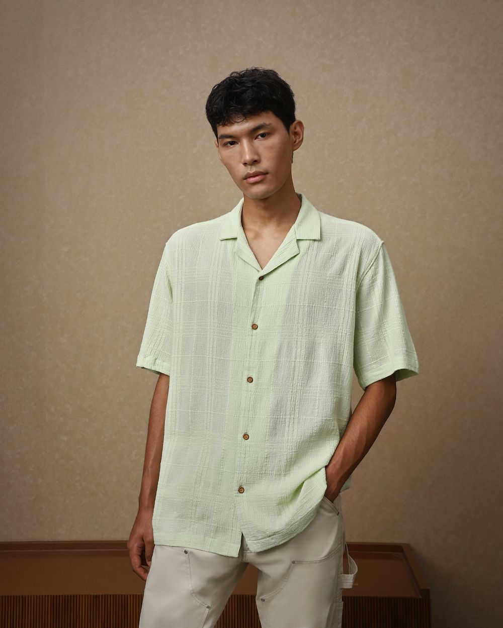 Light Green Textured Dobby Loose Fit Casual Shirt