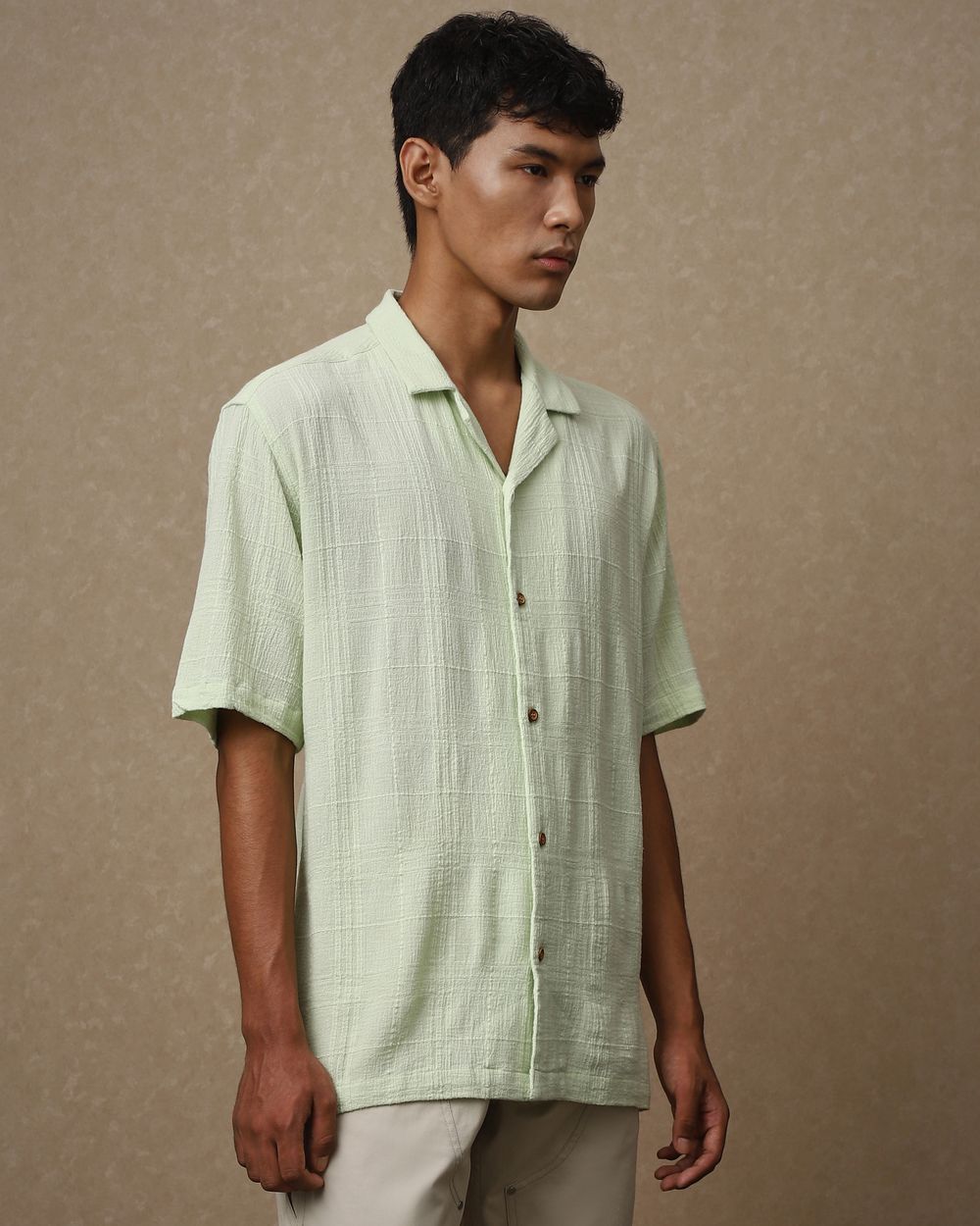 Light Green Textured Dobby Loose Fit Casual Shirt
