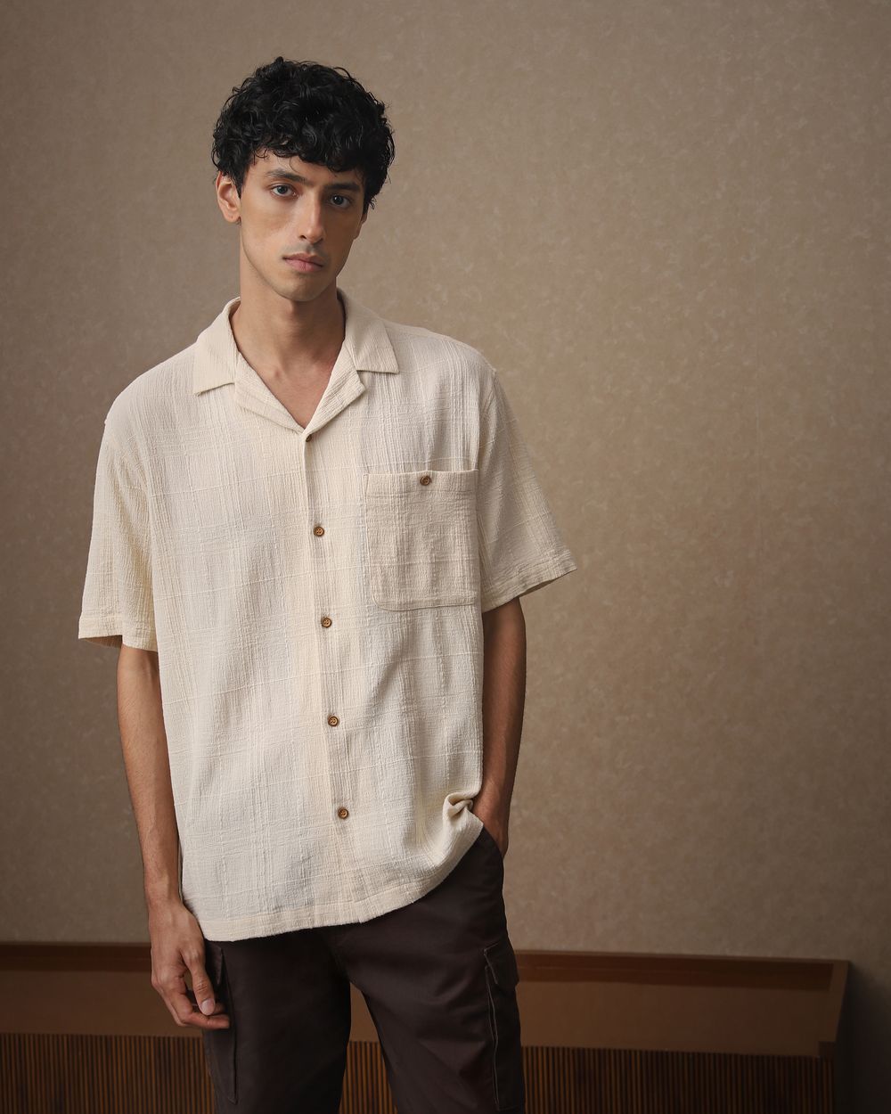 Beige Textured Dobby Loose Fit Casual Shirt