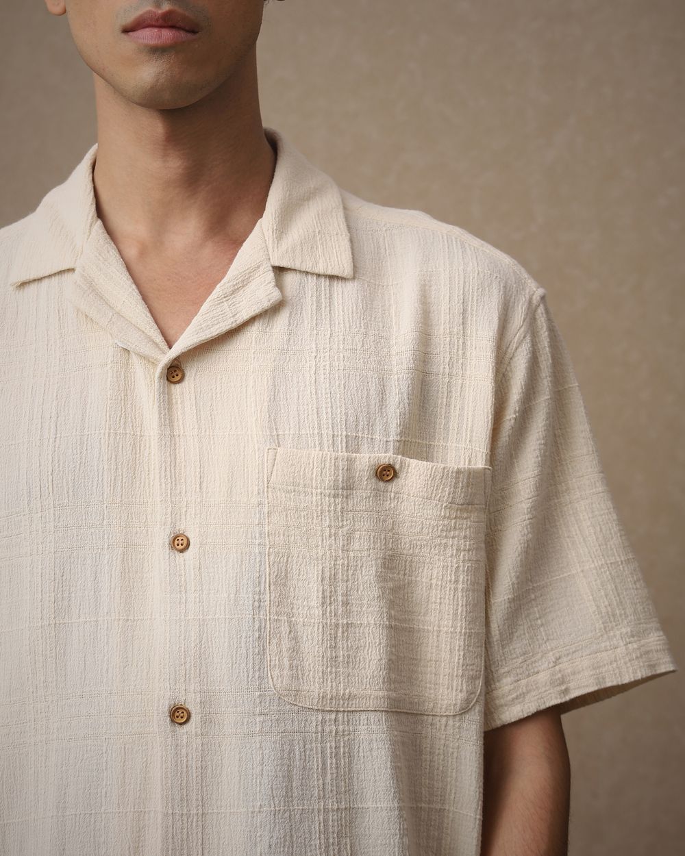 Beige Textured Dobby Loose Fit Casual Shirt