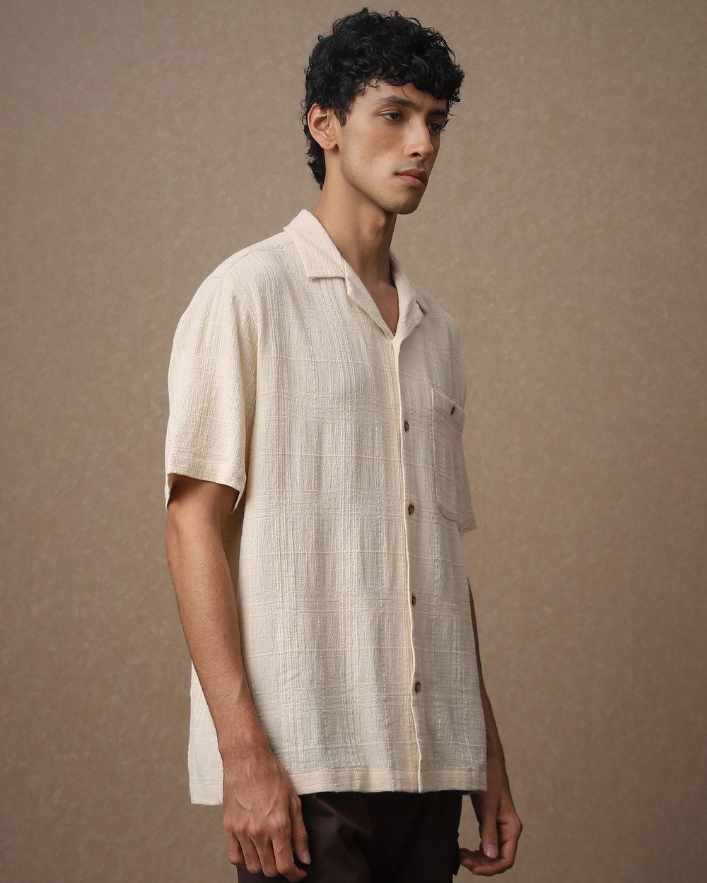 Beige Textured Dobby Loose Fit Casual Shirt
