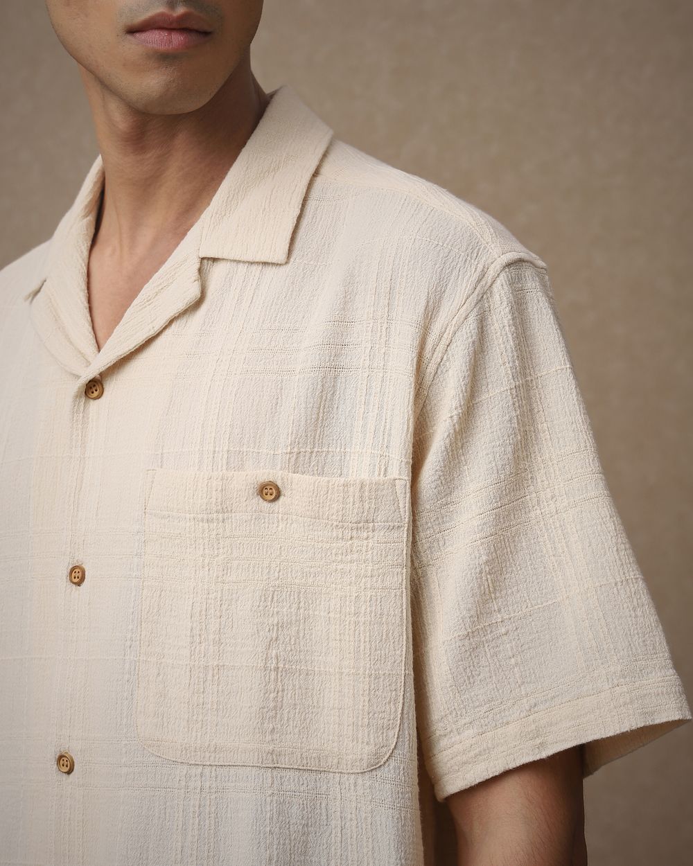 Beige Textured Dobby Loose Fit Casual Shirt