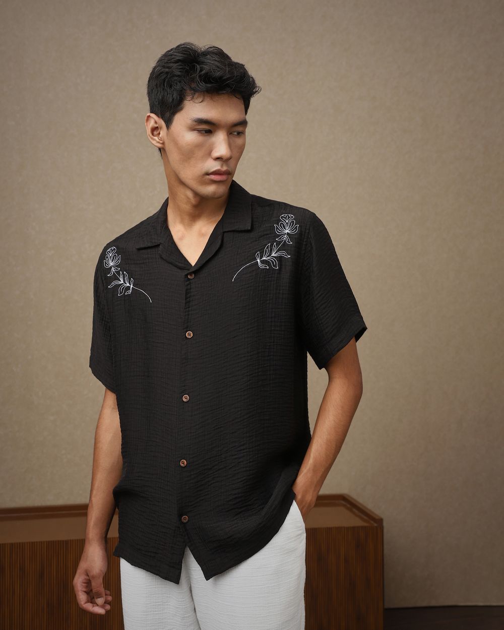Black Embroidered Plain Loose Fit Casual Shirt