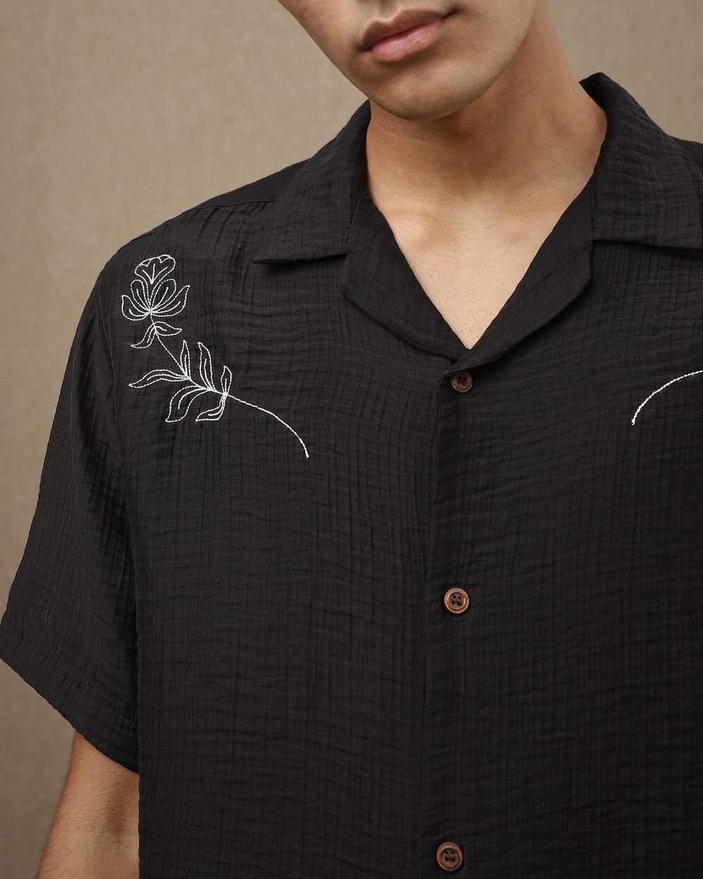 Black Embroidered Plain Loose Fit Casual Shirt