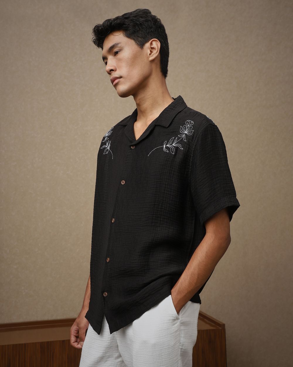 Black Embroidered Plain Loose Fit Casual Shirt