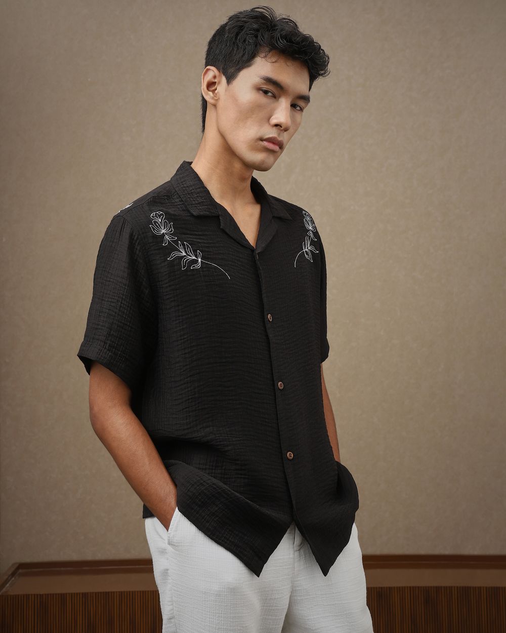 Black Embroidered Plain Loose Fit Casual Shirt