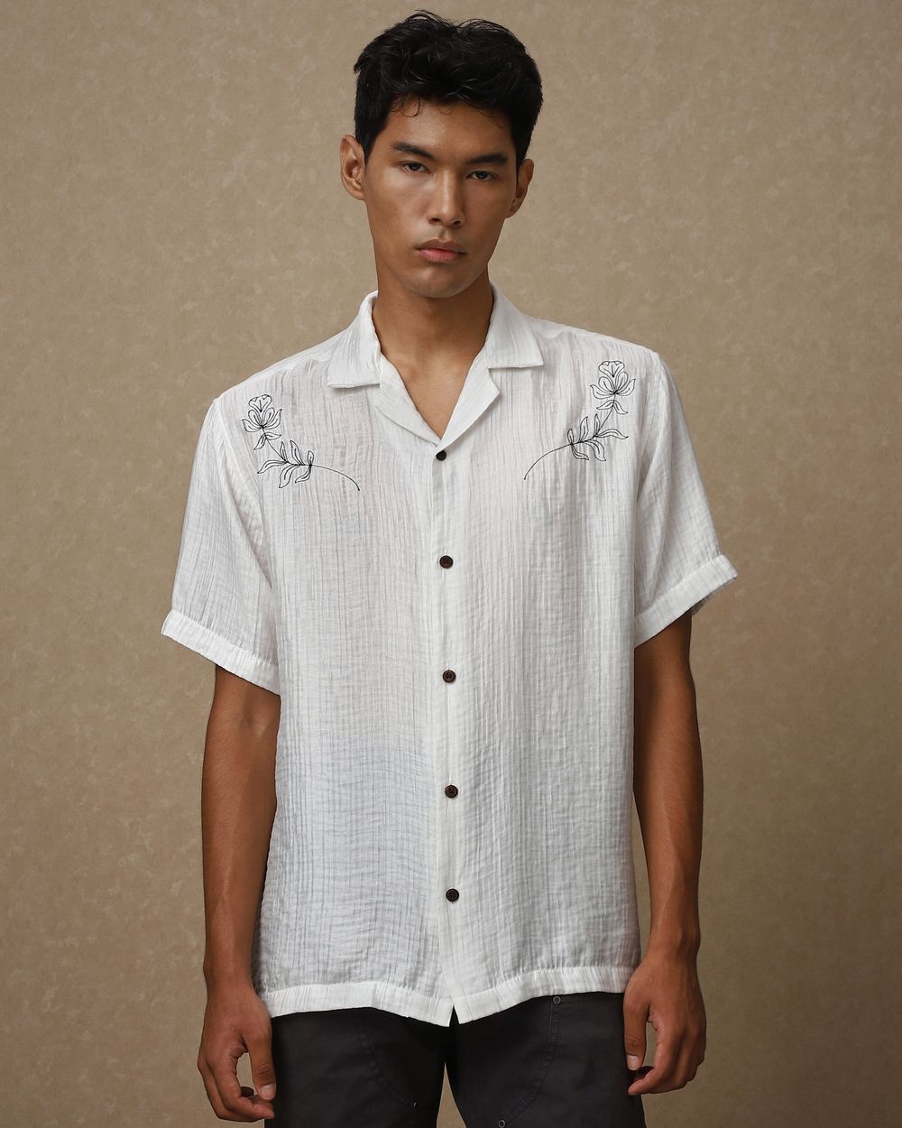 White Embroidered Plain Loose Fit Casual Shirt