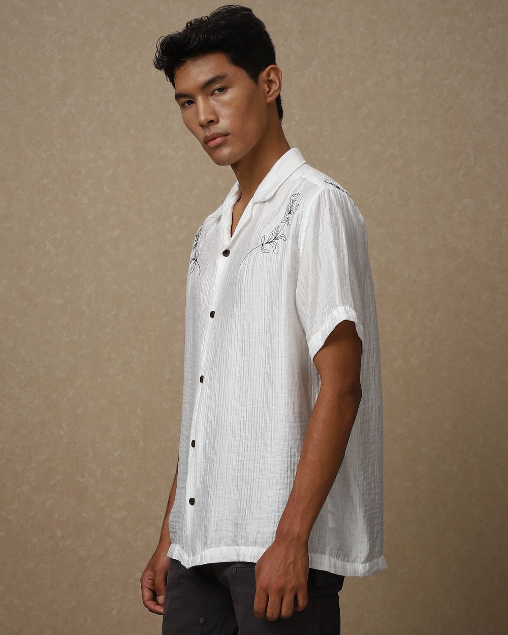 White Embroidered Plain Loose Fit Casual Shirt