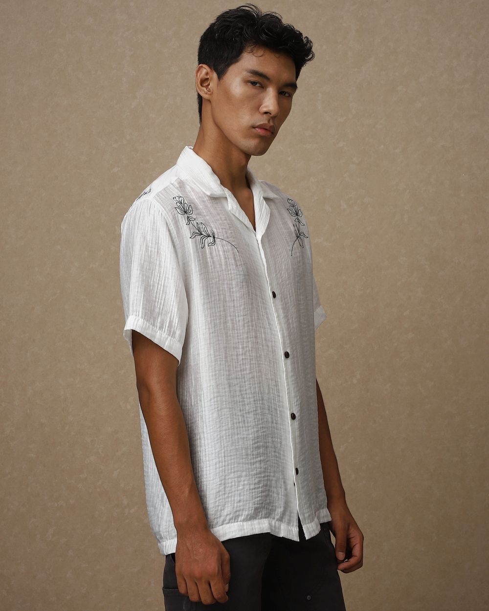 White Embroidered Plain Loose Fit Casual Shirt