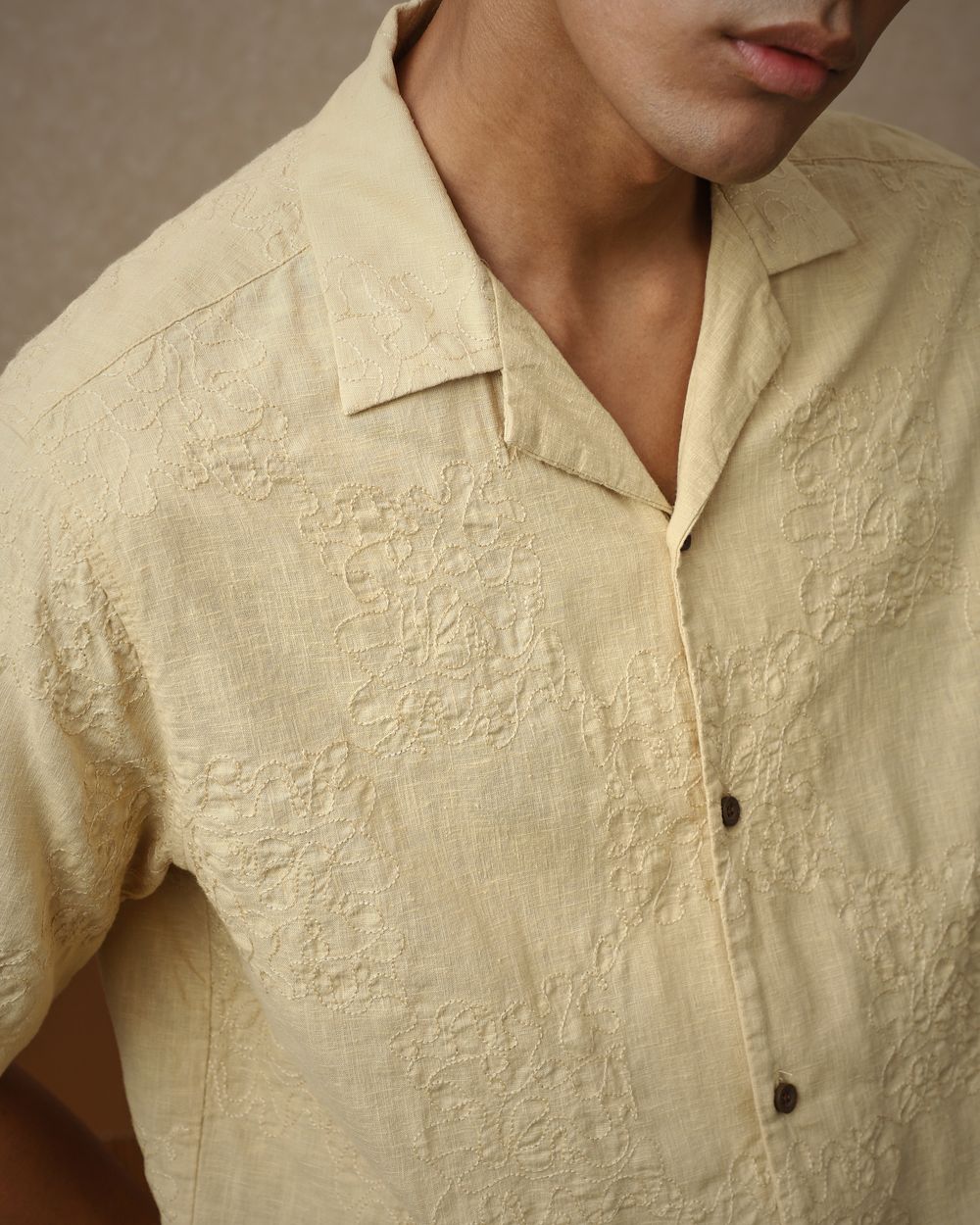 Beige Embroidered Plain Loose Fit Casual Shirt