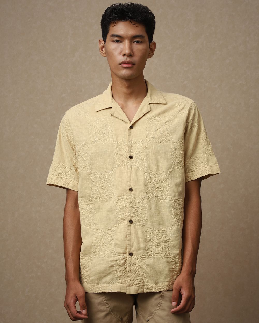 Beige Embroidered Plain Loose Fit Casual Shirt