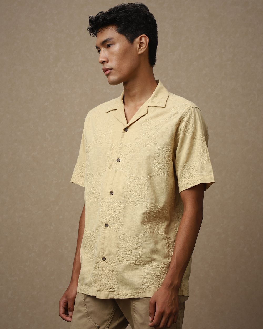 Beige Embroidered Plain Loose Fit Casual Shirt