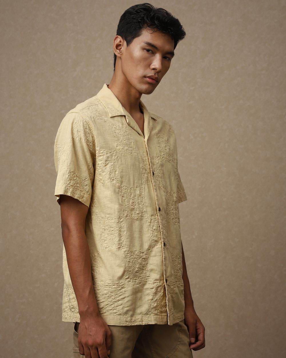 Beige Embroidered Plain Loose Fit Casual Shirt