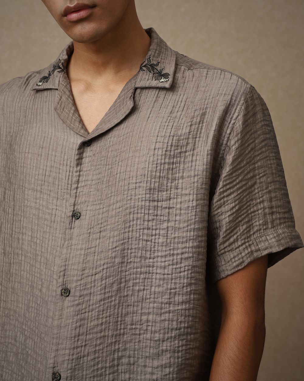 Grey Embroidered Plain Loose Fit Casual Shirt