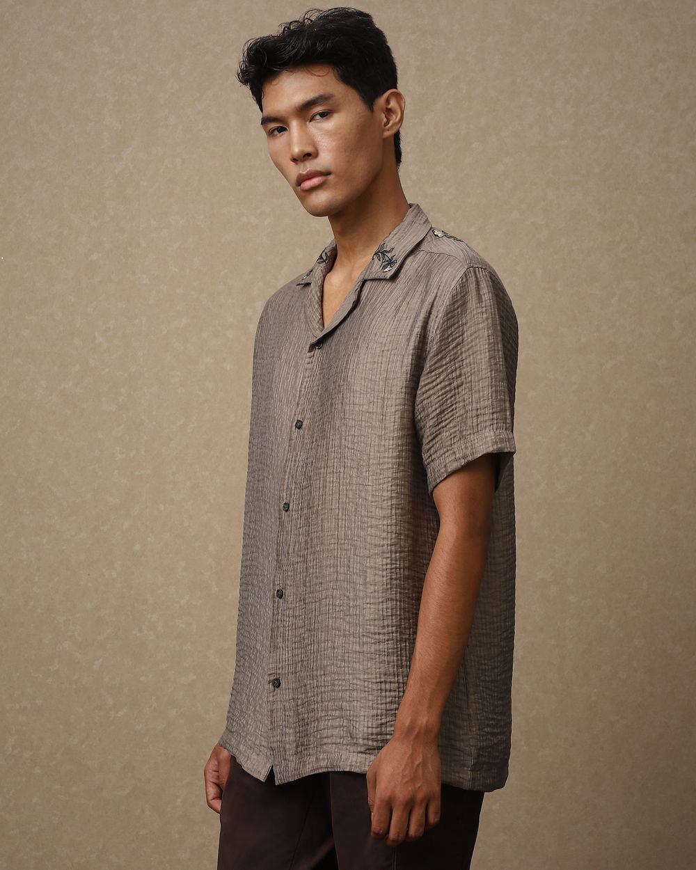 Grey Embroidered Plain Loose Fit Casual Shirt