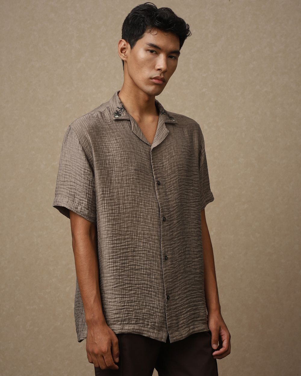 Grey Embroidered Plain Loose Fit Casual Shirt