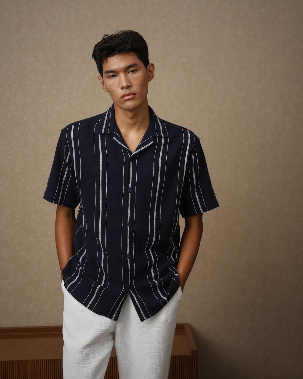 Navy Textured Stripe Loose Fit Casual Shirt