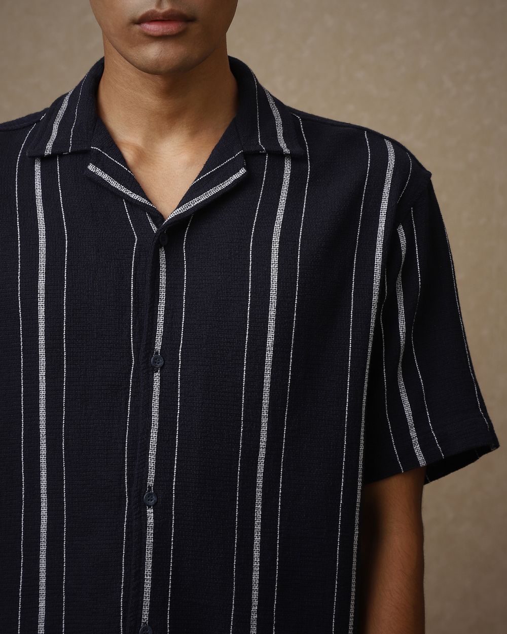 Navy Textured Stripe Loose Fit Casual Shirt