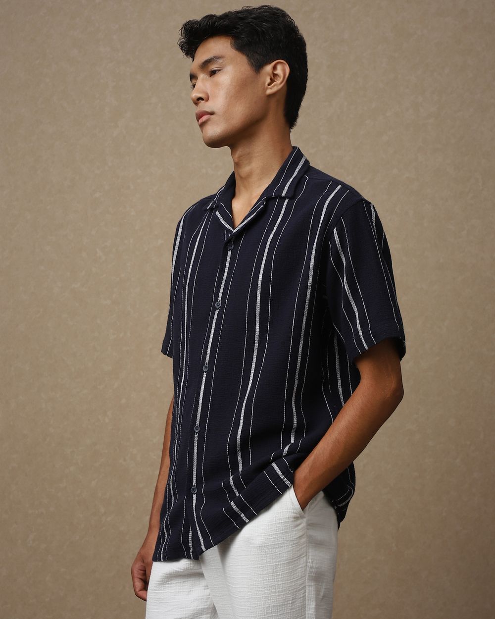 Navy Textured Stripe Loose Fit Casual Shirt