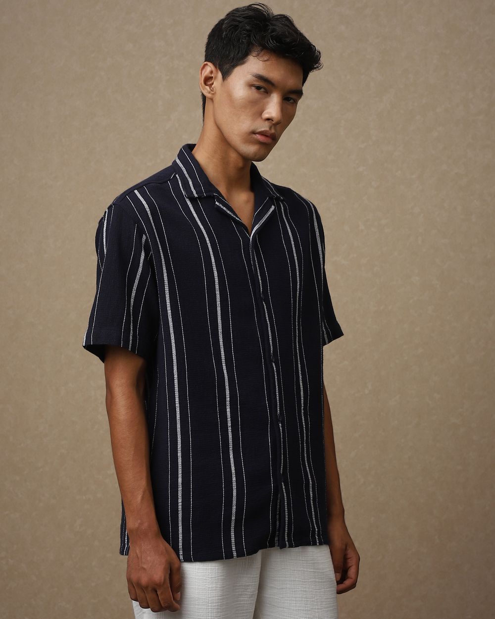 Navy Textured Stripe Loose Fit Casual Shirt