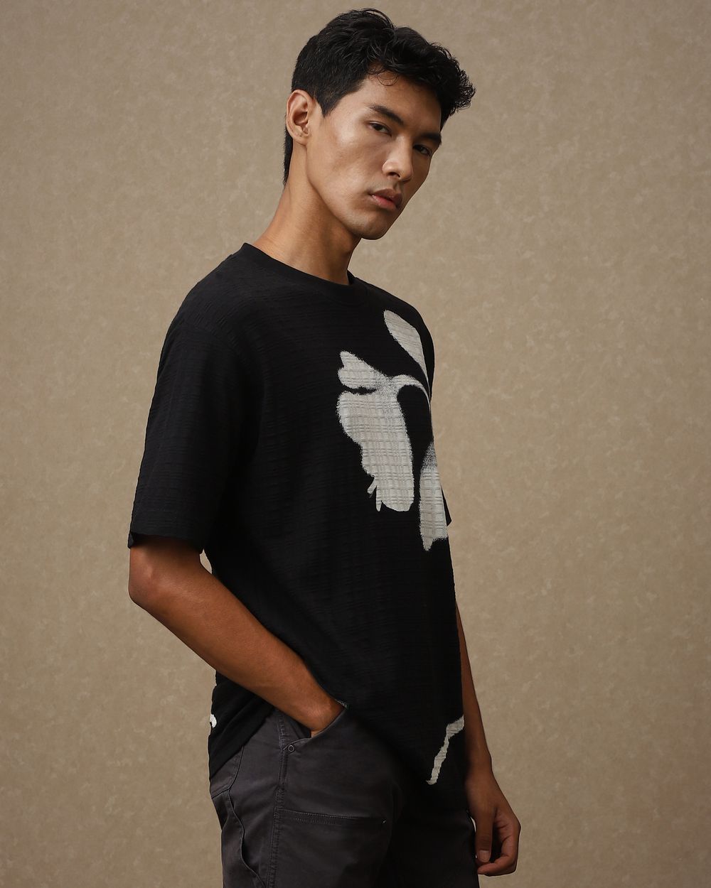 Black Placement Print Oversized Loose Fit T-Shirt