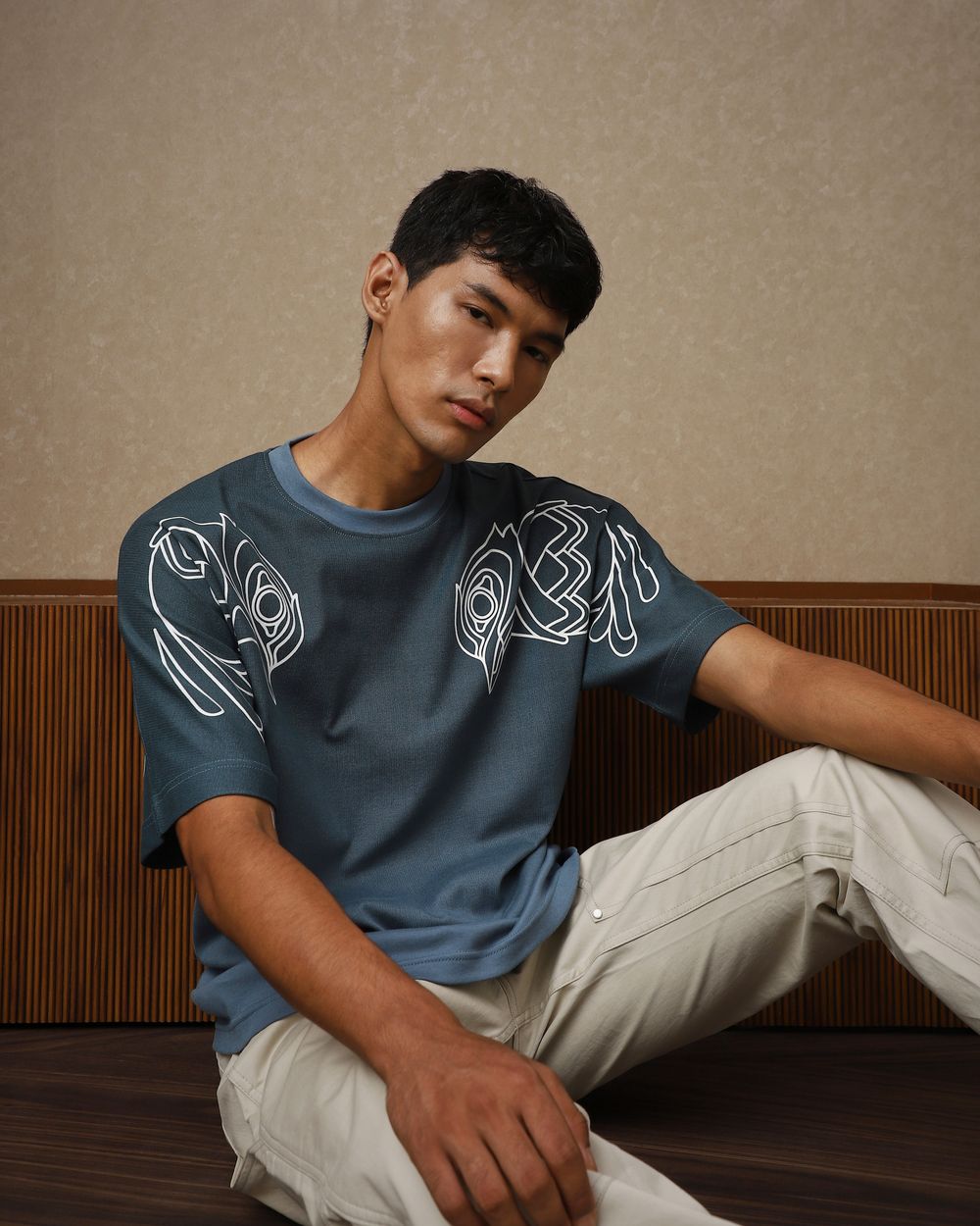 Blue Grey Placement Print Oversized Loose Fit T-Shirt