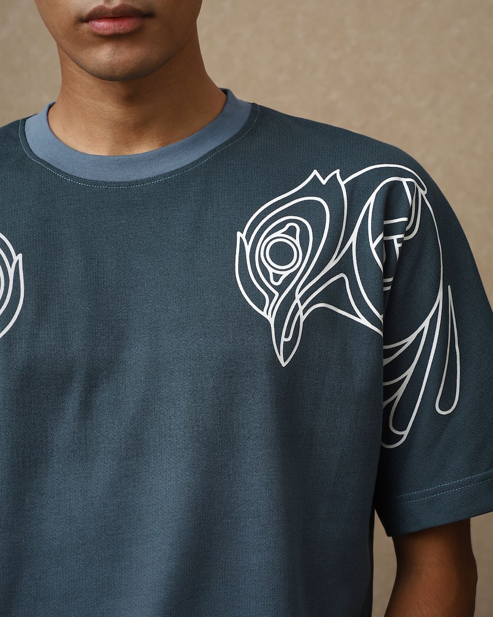 Blue Grey Placement Print Oversized Loose Fit T-Shirt