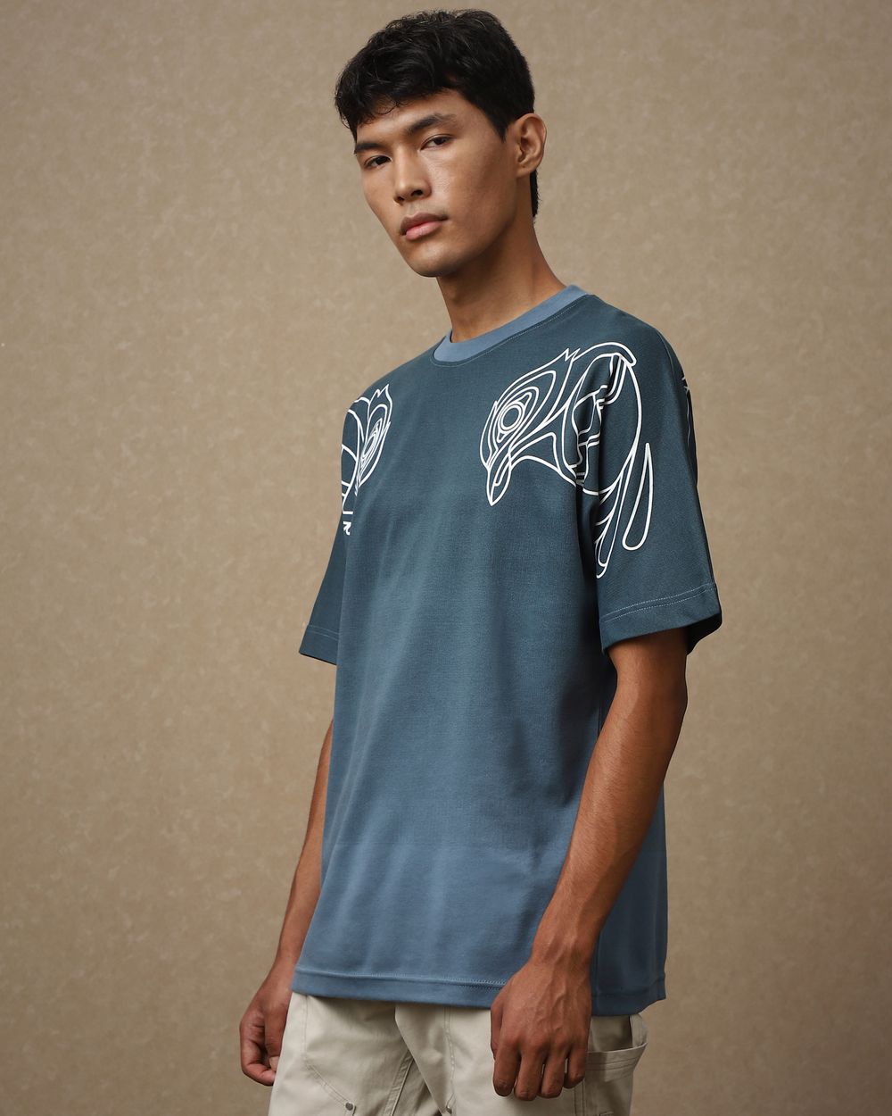 Blue Grey Placement Print Oversized Loose Fit T-Shirt