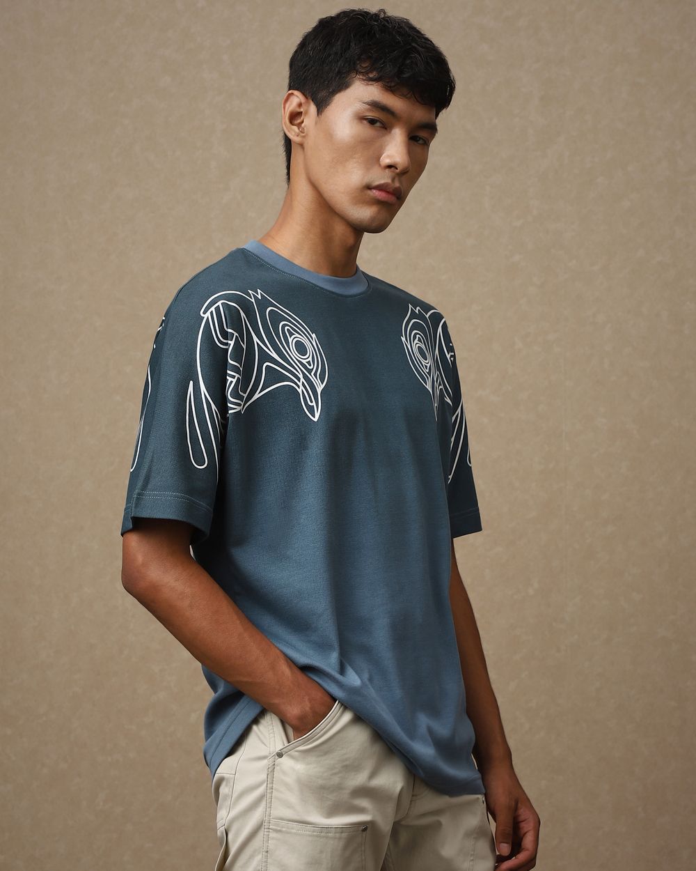 Blue Grey Placement Print Oversized Loose Fit T-Shirt