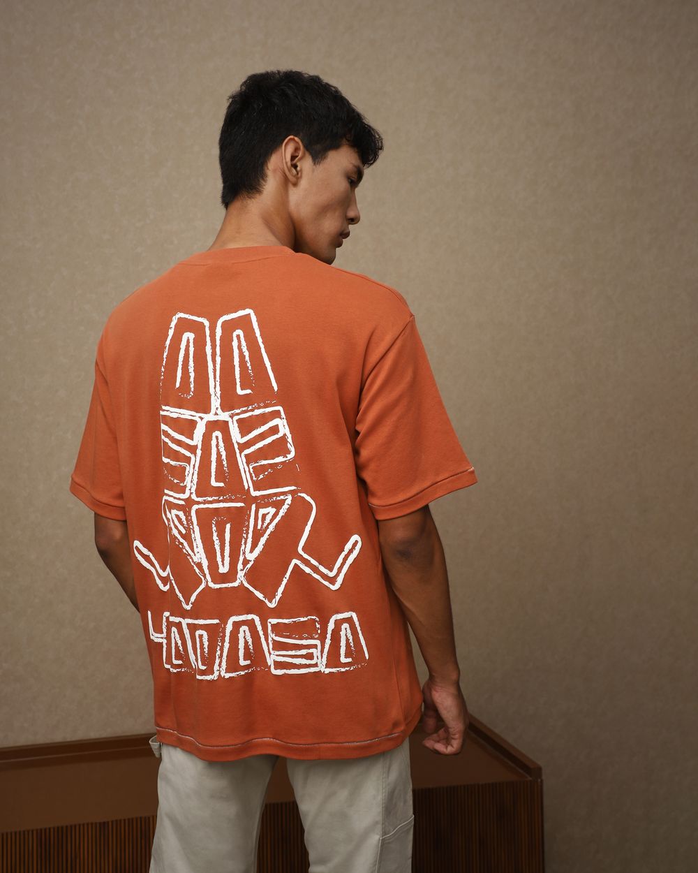 Khaki Placement Print Oversized Loose Fit T-Shirt