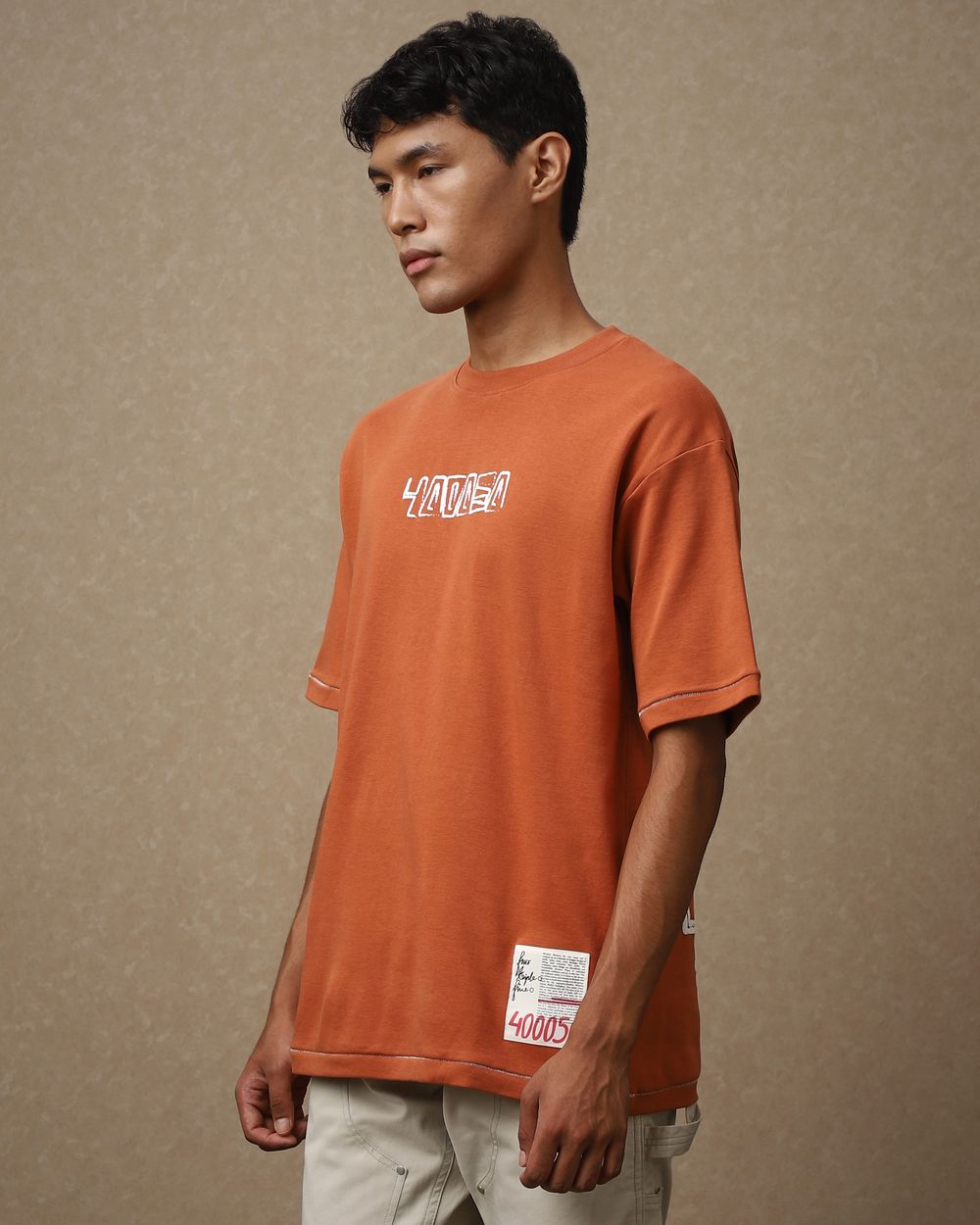 Khaki Placement Print Oversized Loose Fit T-Shirt