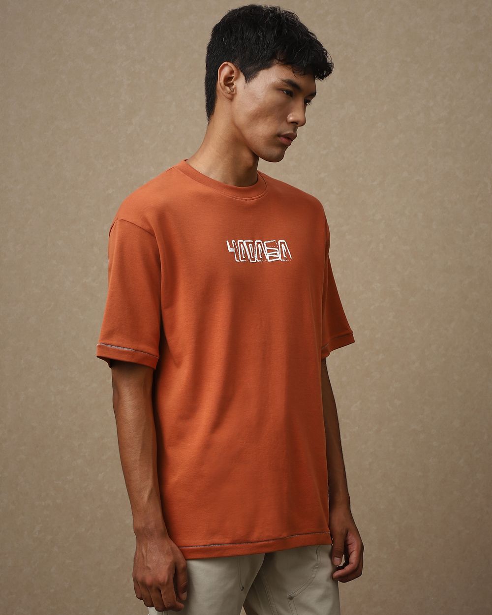Khaki Placement Print Oversized Loose Fit T-Shirt