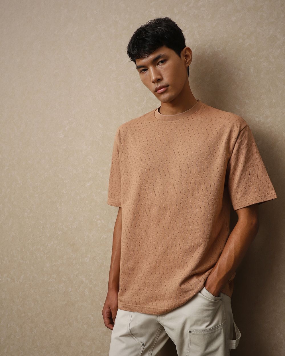 Khaki Jacquard Oversized Loose Fit T-Shirt