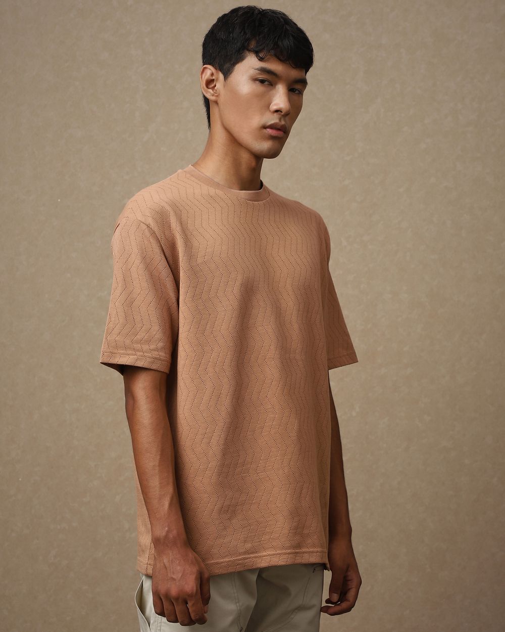 Khaki Jacquard Oversized Loose Fit T-Shirt