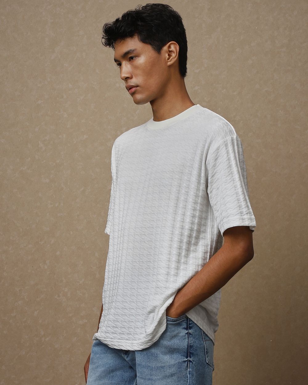 White Houndstooth Oversized Loose Fit T-Shirt