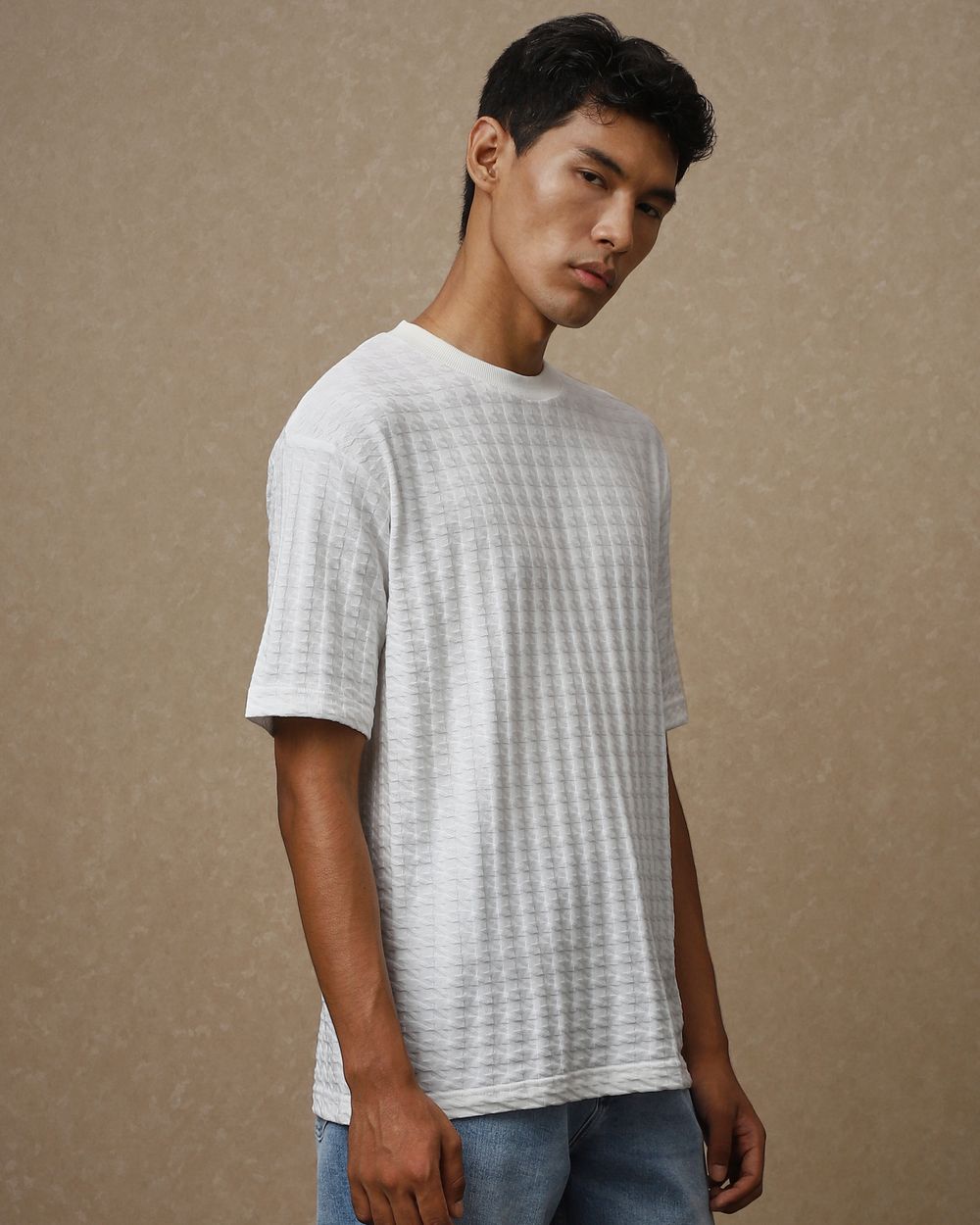 White Houndstooth Oversized Loose Fit T-Shirt