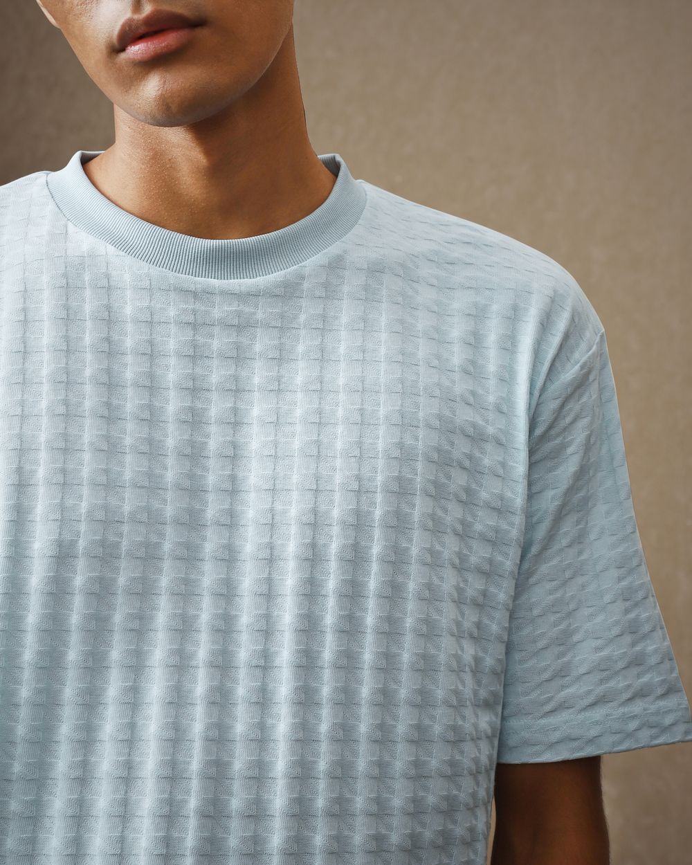 Light Blue Houndstooth Oversized Loose Fit T-Shirt