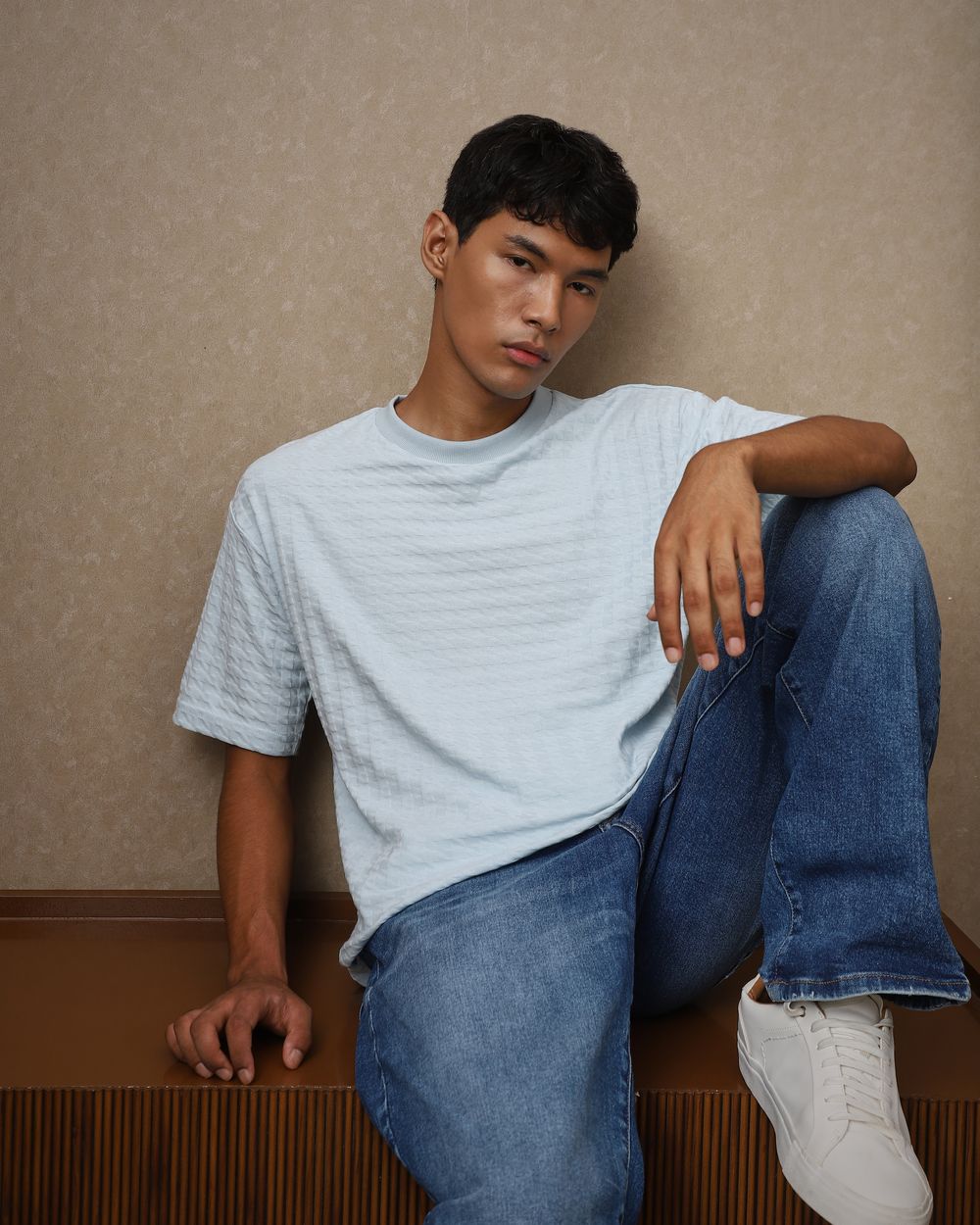 Light Blue Houndstooth Oversized Loose Fit T-Shirt