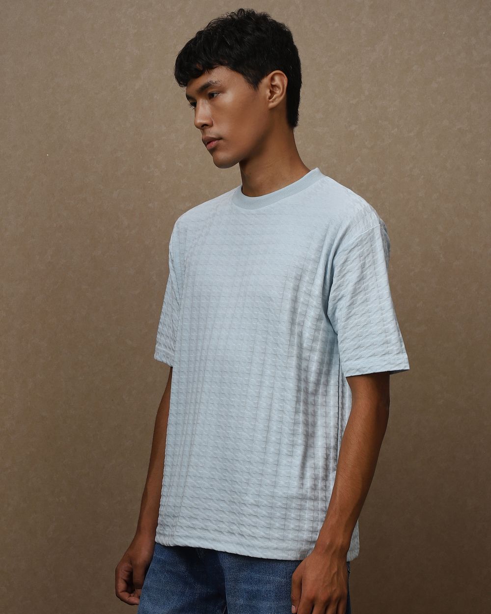 Light Blue Houndstooth Oversized Loose Fit T-Shirt