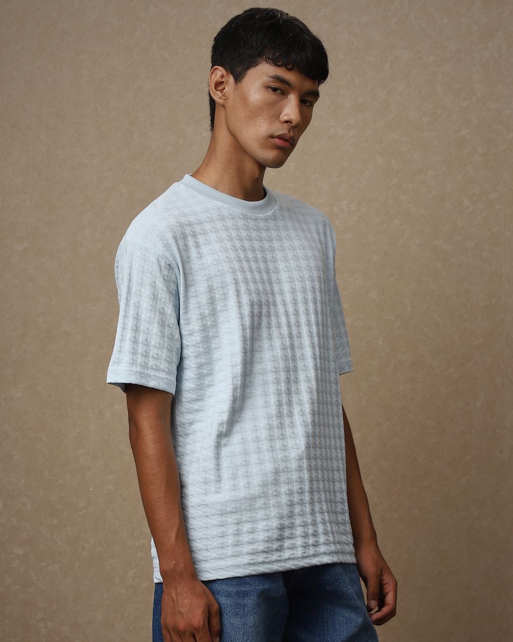 Light Blue Houndstooth Oversized Loose Fit T-Shirt
