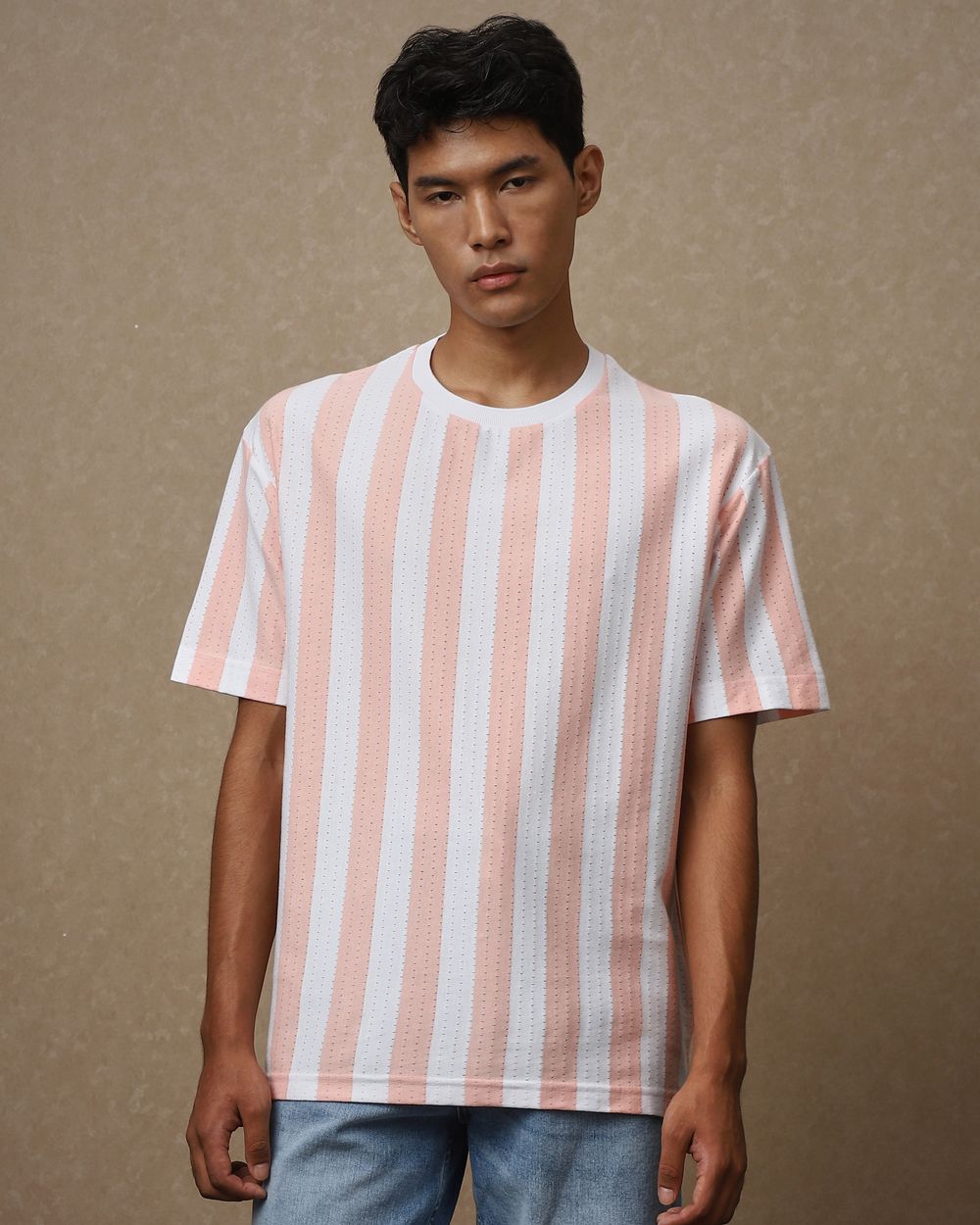 Peach Textured Stripe Oversized Loose Fit T-Shirt