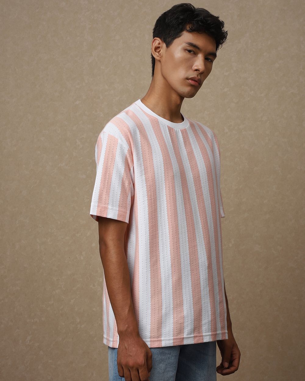 Peach Textured Stripe Oversized Loose Fit T-Shirt