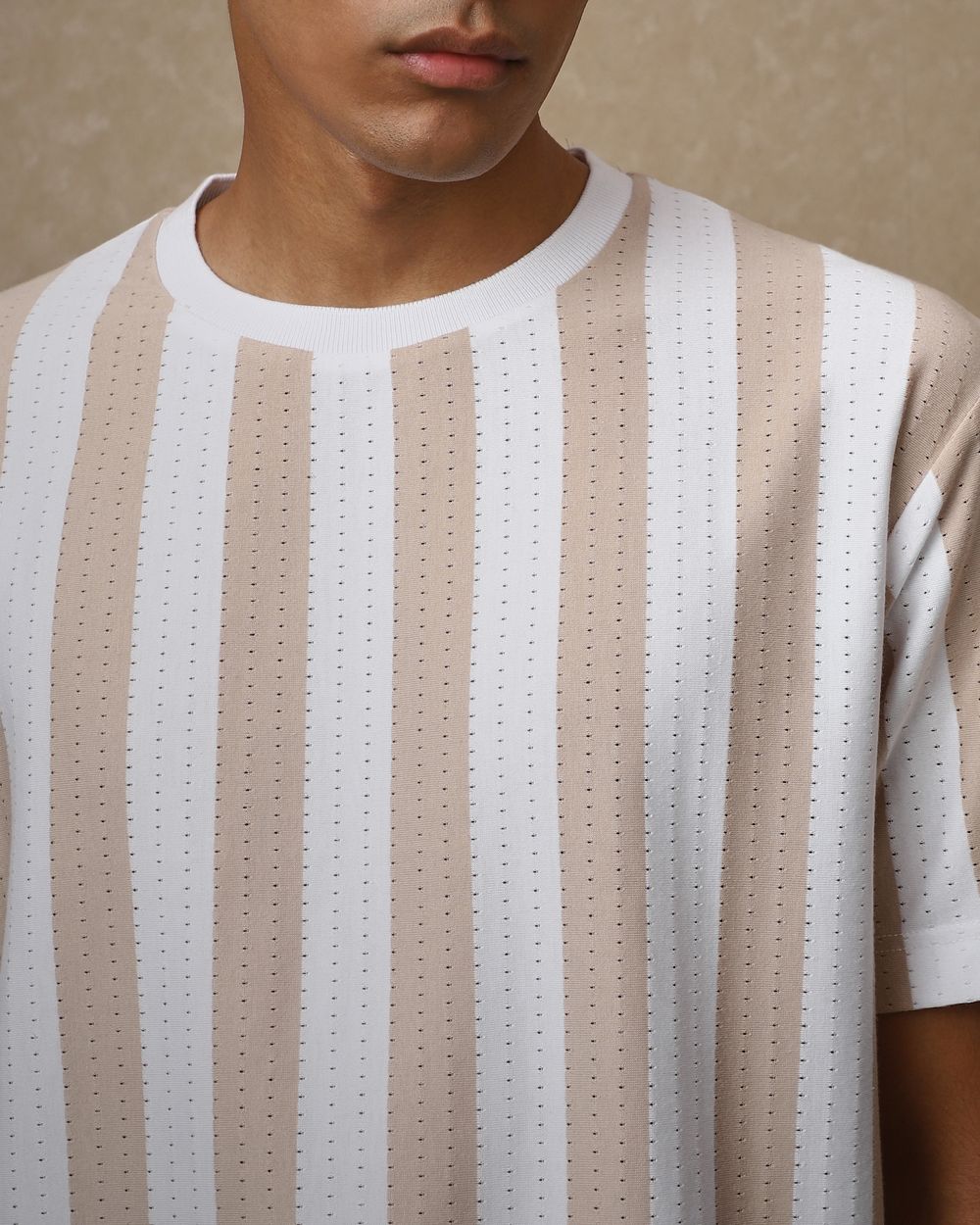 Beige Textured Stripe Oversized Loose Fit T-Shirt