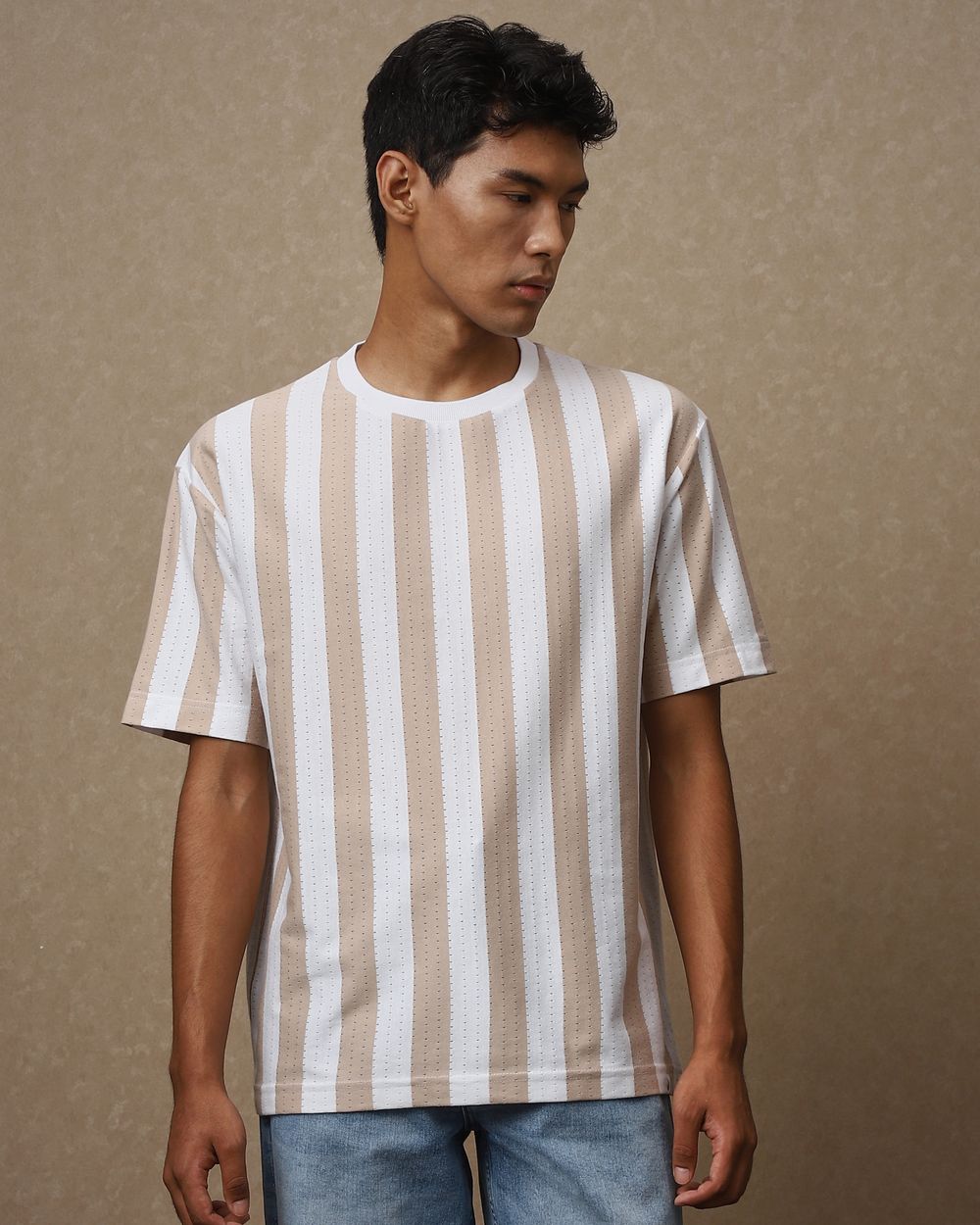 Beige Textured Stripe Oversized Loose Fit T-Shirt