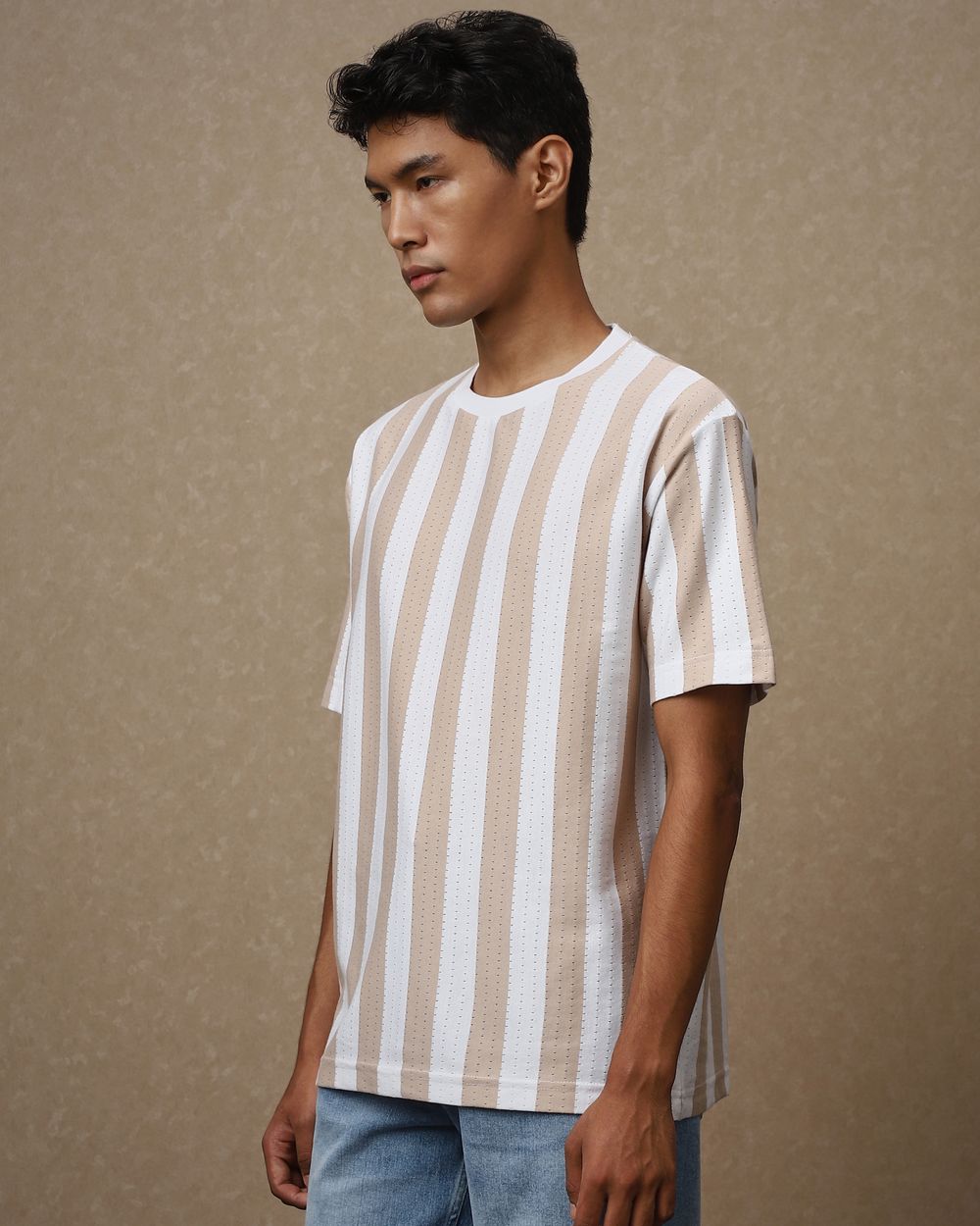 Beige Textured Stripe Oversized Loose Fit T-Shirt