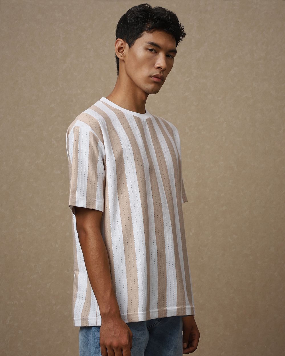 Beige Textured Stripe Oversized Loose Fit T-Shirt